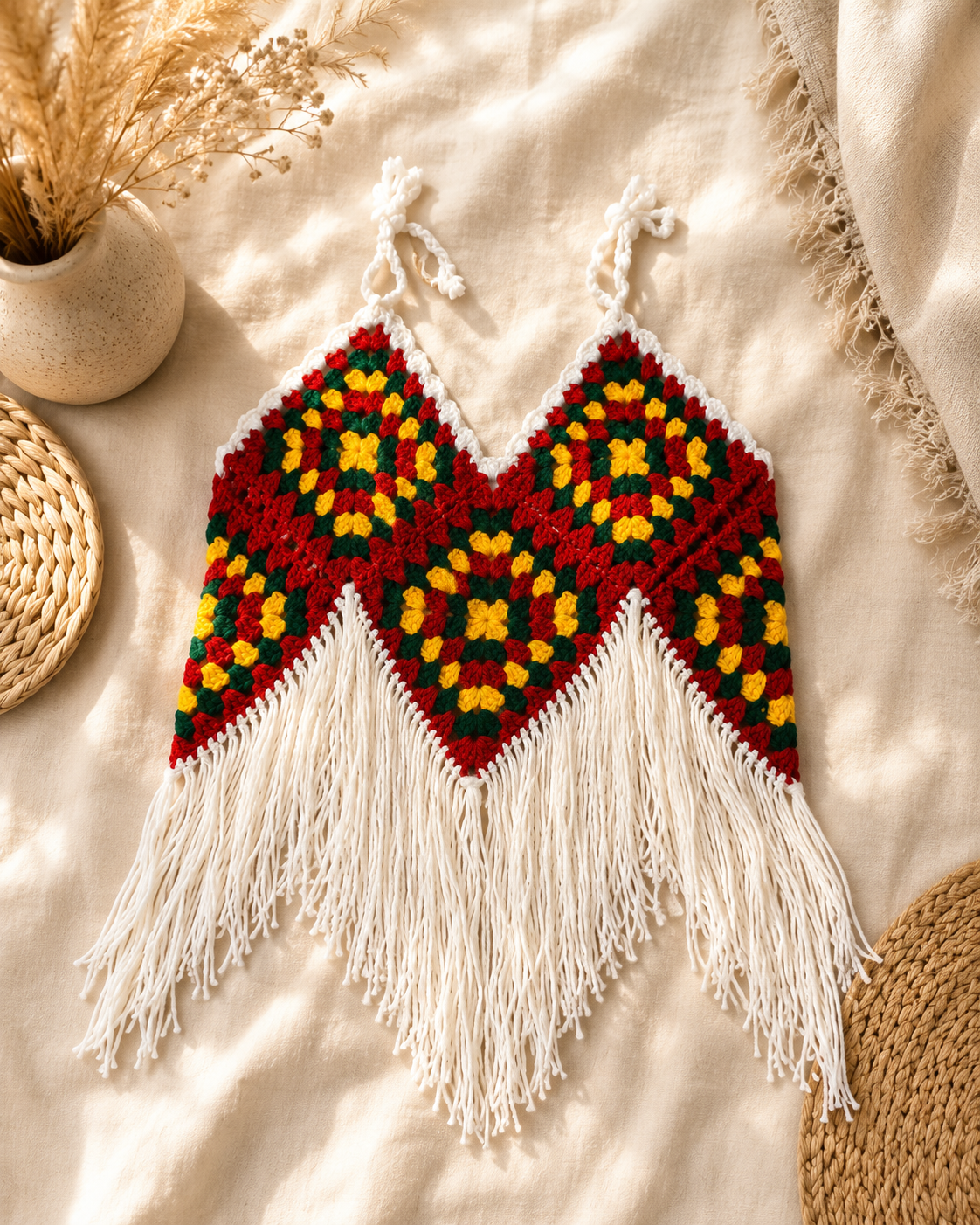 Handmade boho chic crochet halter top featuring colorful granny square motifs with long white fringe, laid flat on a neutral linen background.