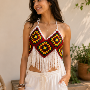 Young woman wearing a handmade boho chic crochet halter top with colorful granny square pattern and white fringe in a bright natural setting.