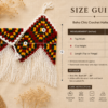 Size guide for Boho Chic Crochet Halter Top showing top width (16 in), cup height (8 in), and total length including fringe (18 in), with care instructions and fit guide.