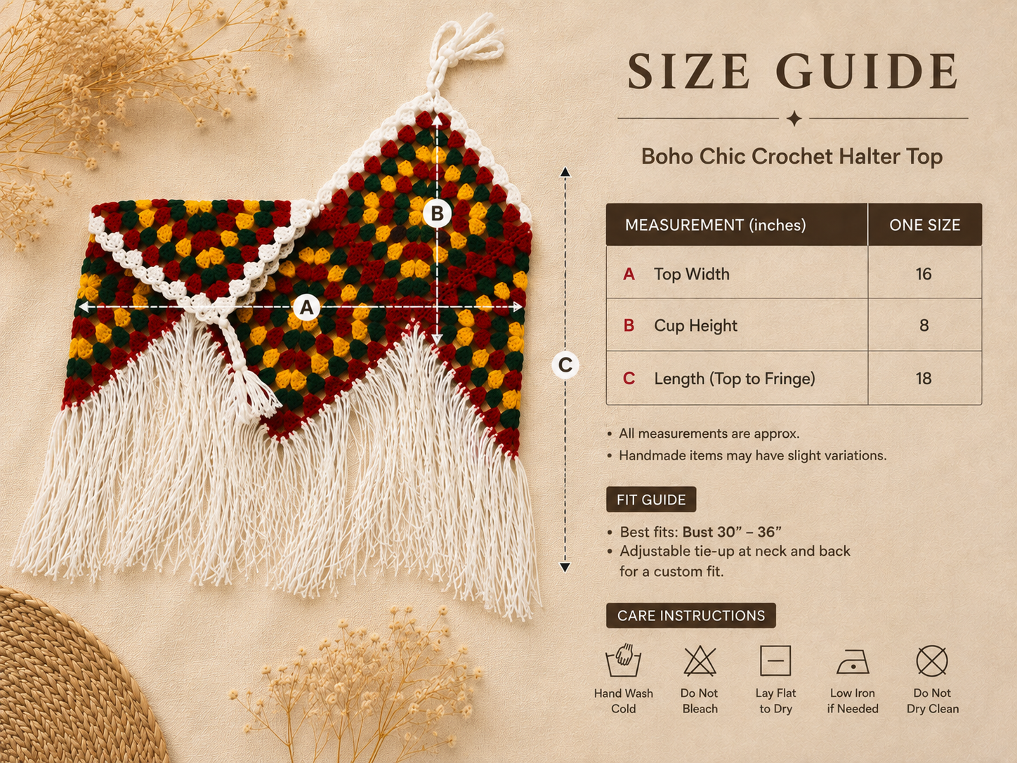 Size guide for Boho Chic Crochet Halter Top showing top width (16 in), cup height (8 in), and total length including fringe (18 in), with care instructions and fit guide.