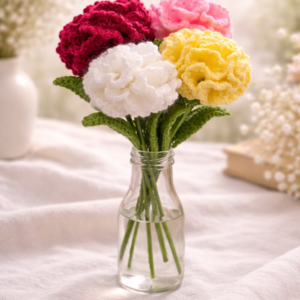 Handmade crochet carnation bouquet set of four in red, pink, white and yellow arranged in a glass vase with soft pastel spring background
