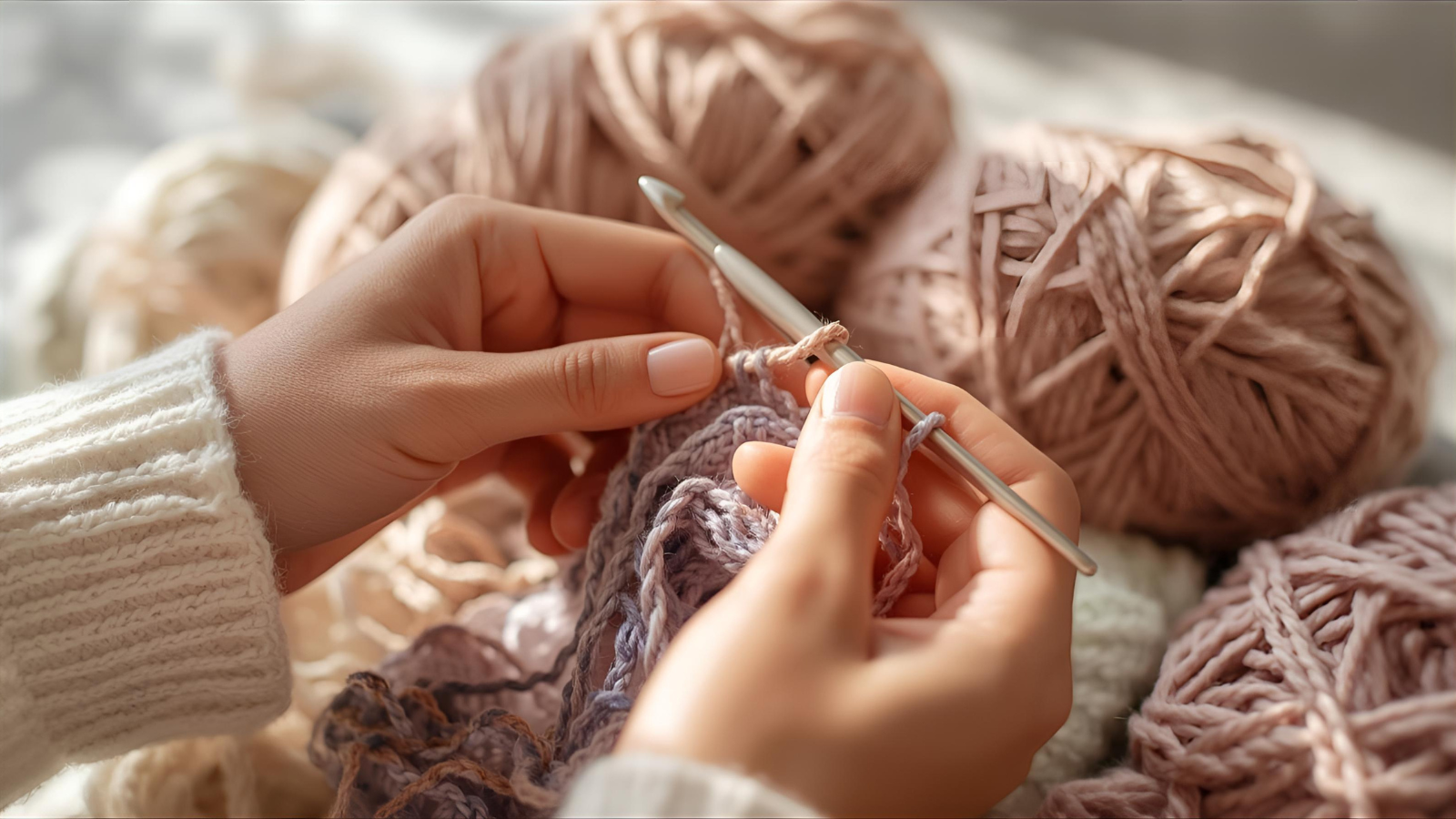 Close-up of hands crocheting with soft cotton yarn in pastel colors, showing detailed stitches and a handmade artisan vibe.
