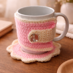 Handmade crochet mug cozy and coaster set in pink and cream on a warm wooden table with soft cozy background