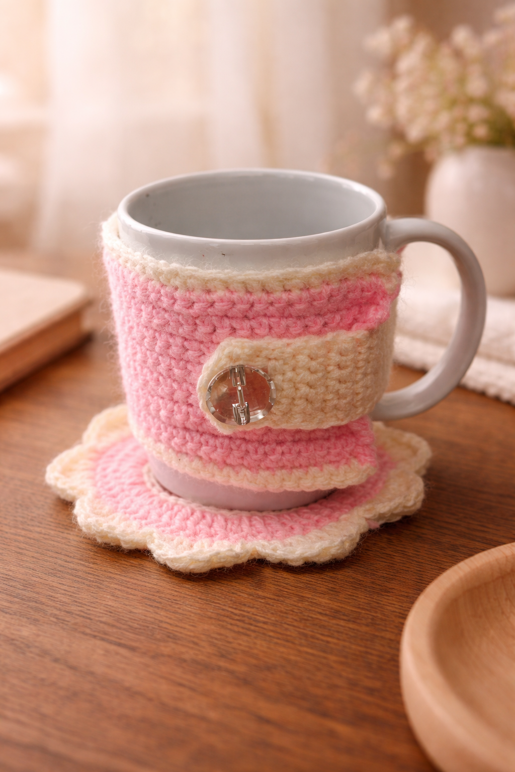 Handmade crochet mug cozy and coaster set in pink and cream on a warm wooden table with soft cozy background