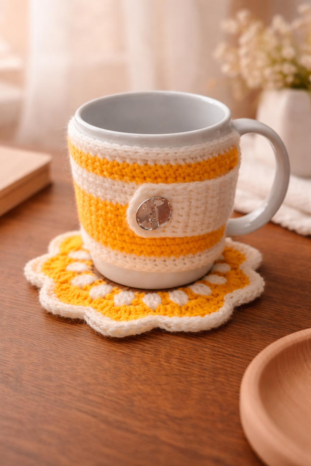 Handmade crochet mug cozy and coaster set in yellow and white on a warm wooden table with soft cozy background