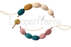 Handmade Loops n Yarns logo featuring elegant white serif typography surrounded by colorful yarn loops and crochet hooks on a transparent background.