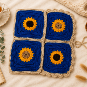 Handmade blue crochet book sleeve opened flat with four sunflower granny-square panels, beige scalloped borders, and a yarn tie, styled with tea, candle, book, greenery, and dried grass on a soft cream background.