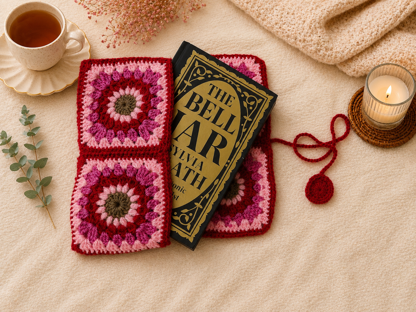 Pink and red handmade crochet book sleeve with floral granny square patterns, styled with a book, tea, candle, greenery, dried flowers, and soft cozy background props.