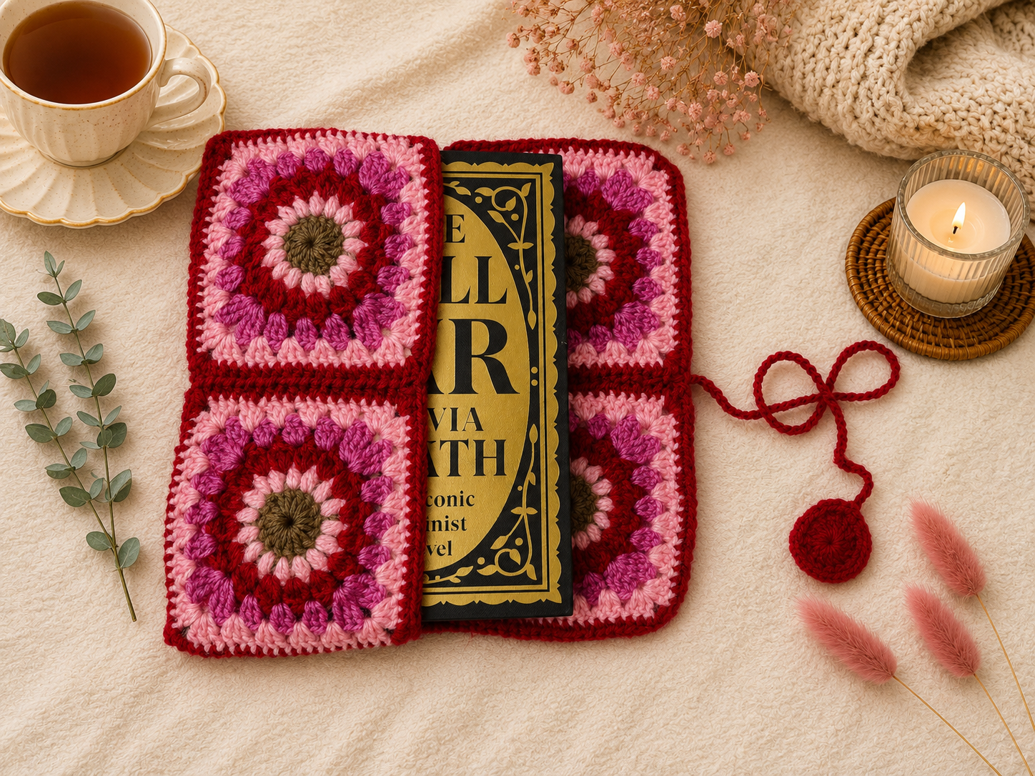 Pink and red handmade crochet book sleeve with floral square patterns holding a book, styled on a soft cream background with tea, candle, dried flowers, eucalyptus, and cozy knit accents.