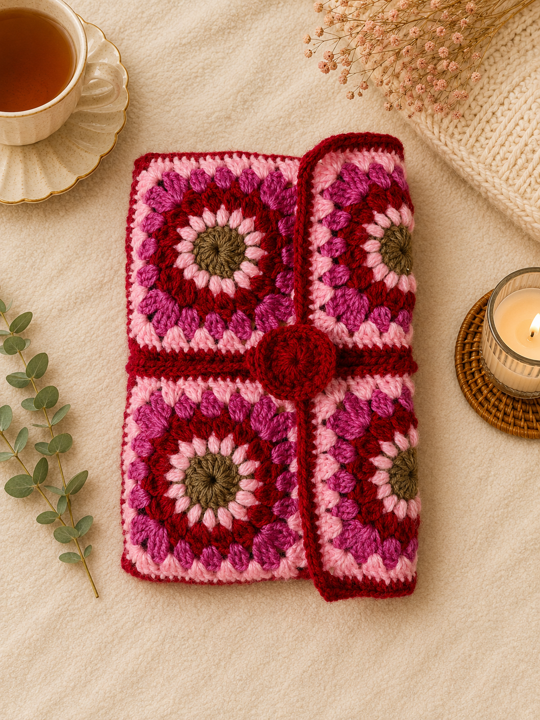 Pink and red handmade crochet book sleeve with floral square patterns, styled on a warm cream background with tea, candle, dried flowers, eucalyptus, and cozy knit accents.
