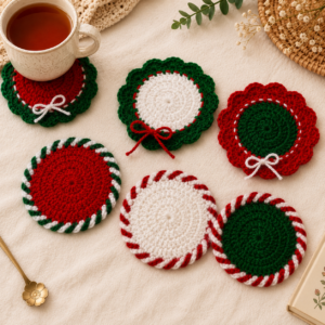 Handmade crochet coasters set of 6 in festive red, green, and white designs arranged on a soft neutral background with a tea cup.