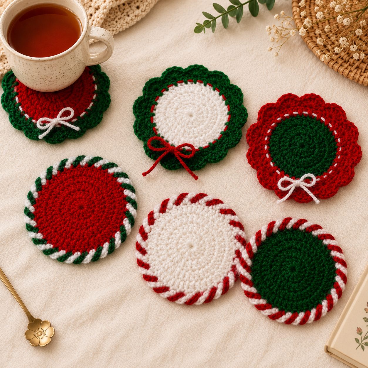 Handmade crochet coasters set of 6 in festive red, green, and white designs arranged on a soft neutral background with a tea cup.