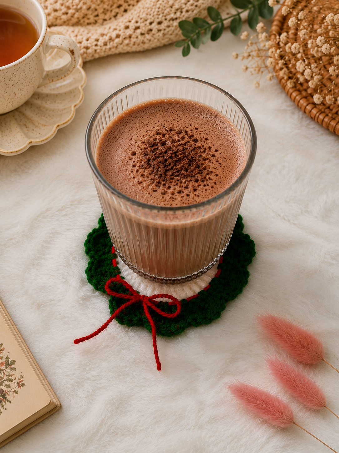 Ribbed glass filled with hot chocolate placed on a handmade green crochet coaster with red bow detailing, styled with cozy table props.
