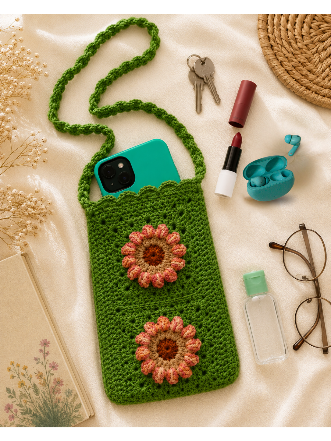 Green Crochet Side Sling Bag with Everyday Essentials Green handmade crochet side sling bag with floral appliqués, shown with a phone, keys, lipstick, earbuds, sanitizer bottle, eyeglasses, and a book on cream fabric.