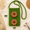 Green Crochet Side Sling Bag Dimensions Green handmade crochet side sling bag with floral appliqués, shown with measurement labels indicating 13 cm width and 21 cm height.