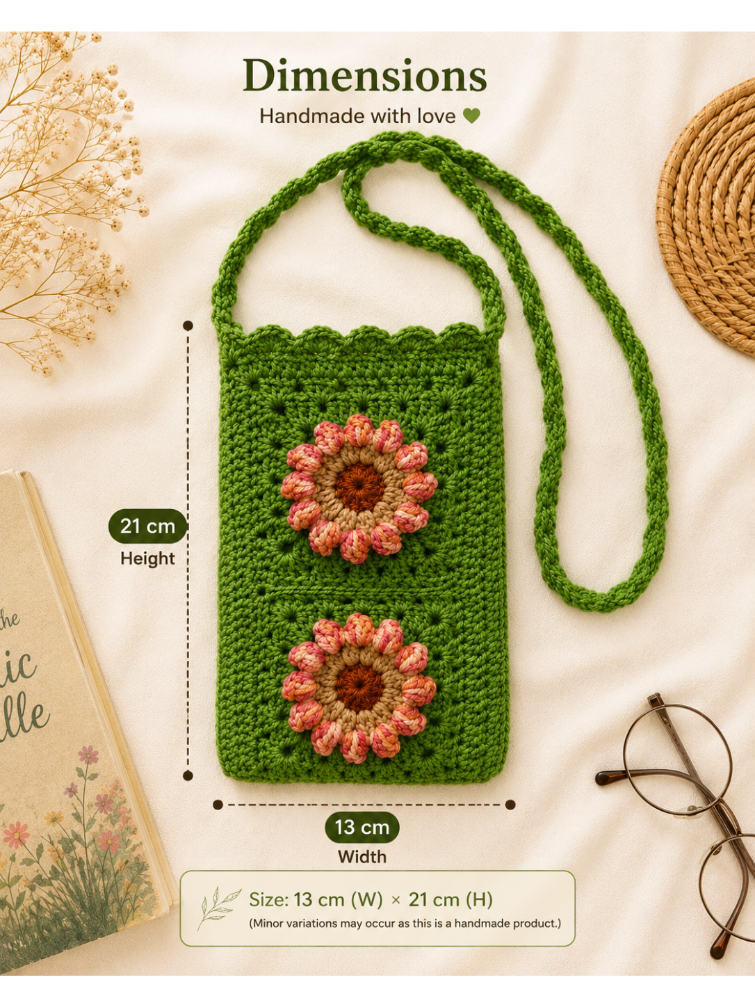 Green Crochet Side Sling Bag Dimensions Green handmade crochet side sling bag with floral appliqués, shown with measurement labels indicating 13 cm width and 21 cm height.