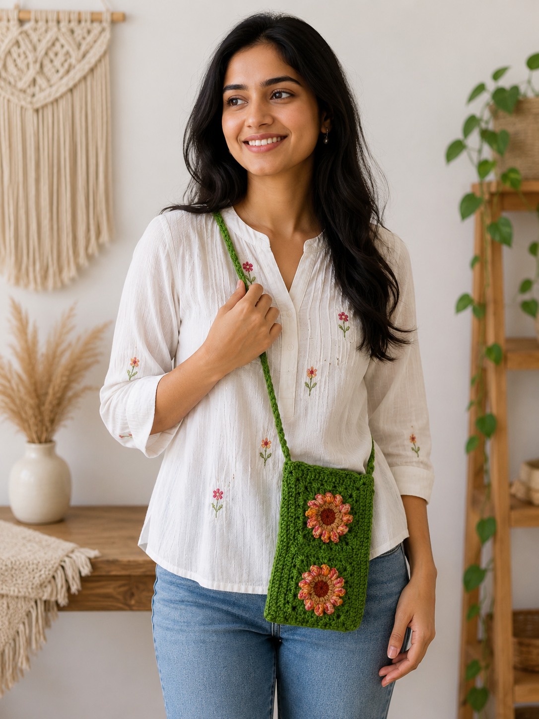 Handmade Green Crochet Phone Pouch Young woman wearing a handmade green crochet phone pouch with floral accents as a crossbody sling.