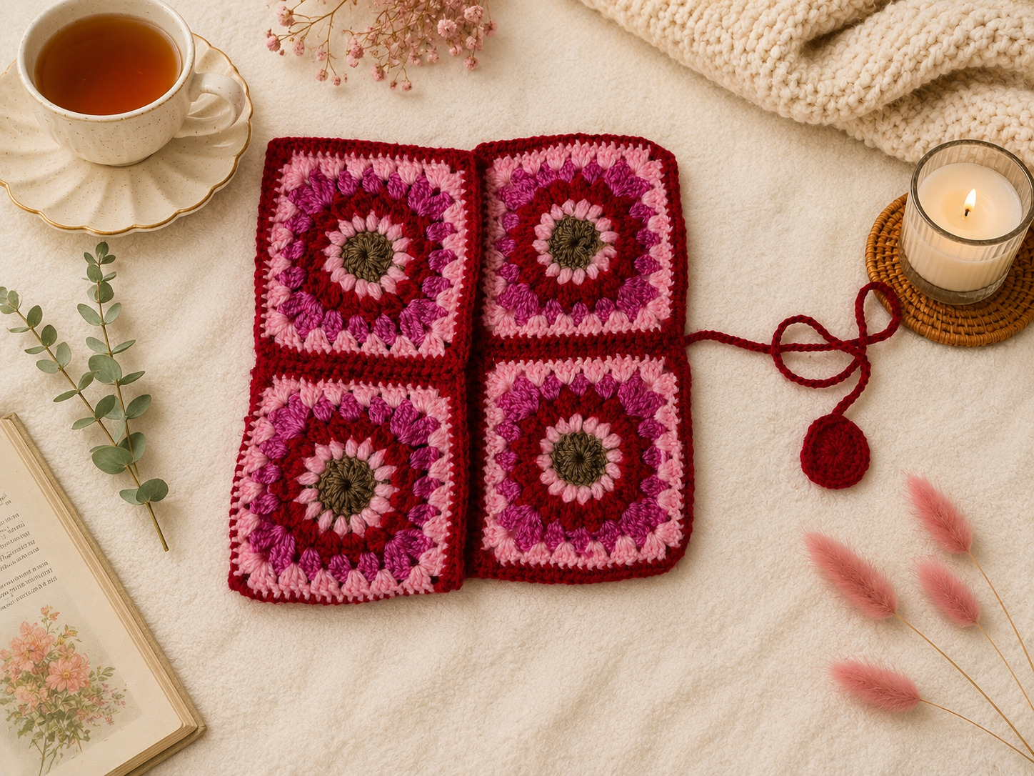 Handmade pink and red crochet book sleeve with floral granny square patterns, styled on a cream textured background with tea, candle, book, greenery, and soft decorative props.